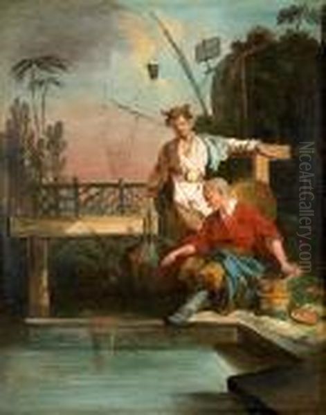 Oriental Figures By A Pond - view 1