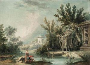 River Landscape With A Mill With Figures Fishing In The Foreground by Francois Boucher