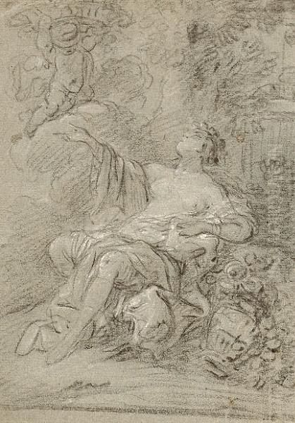 A Seated Woman Reclining And Gesturing Towards A Garden Sculpture And Flowers - view 1
