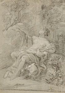 A Seated Woman Reclining And Gesturing Towards A Garden Sculpture And Flowers A Seated Woman Reclining And Gesturing Towards A Garden Sculpture And Flowers