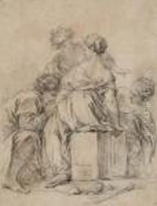 Three Figures Gesturing Around A Seated Woman Seen Frombehind by Francois Boucher