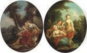 A Young Boy And Two
Shepherdesses Fishing; A Young Boy And Twoshepherdesses Catching Birds by Francois Boucher