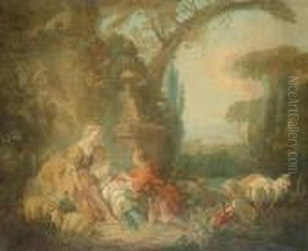 An Elegant Young Man Courting Two Shepherdesses In A Landscape - view 1