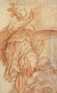 A Classical Figure In A Plumed Helmut Holding A Casket Aloft, A River-god(?) At Her Feet