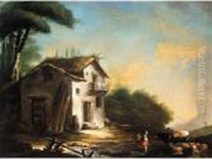 Landscape With Drovers And Animals Before A Cottage by Francois Boucher
