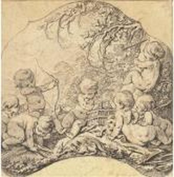 Putti Dans Un Paysage Tirant A 
L'arc Et Ouvrant Une Cage, Un Trophee De Chasse Au Premier Plan - view 1