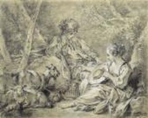 A Young Shepherdess Presenting A Flower To A Shepherd by Francois Boucher