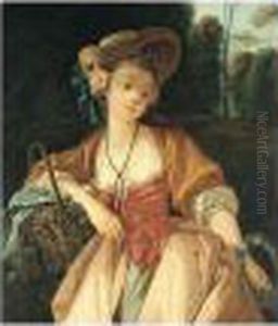 A Young Girl Wearing A Straw
Hat, Carrying A Garland And A Basket Of Grapes, In A Landscape by Francois Boucher