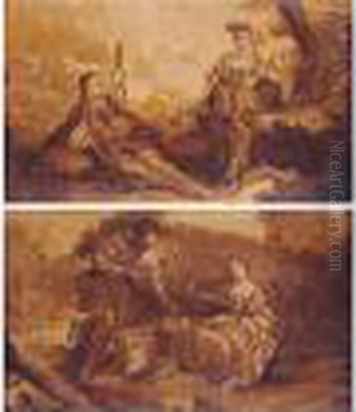 A Pastoral Scene With A Young
Man Playing The Pipes, And A Young Girl Carrying A Basket Of Flowers; A
Pastoral Scene With A Young Man Leaving A Basket Of Flowers For A
Sleeping Girl - view 1