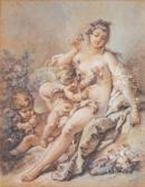 Deux Amours Offrant Des Roses A Venus - view 1