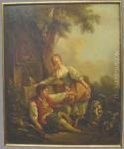 Courting Couple By A Fountain With Pet Dog by Francois Boucher