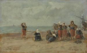 Pecheuses Sur La Plage De Berck by Eugene Boudin
