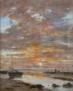 Maree Basse, Coucher De Soleil Sur La Mer by Eugene Boudin