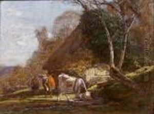 Vaches Et Fermiere Pres D'une Chaumiere