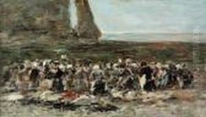Laveuses Sur La Plage, Maree Basse, Falaise D'aval, Etretat by Eugene Boudin
