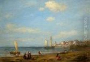 Figures On A Shore Of A Harbour With Moored Vessels Beyond by Eugene Boudin