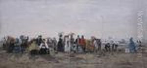 Scene De Plage A Trouville by Eugene Boudin