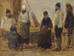 Pecheurs Et Pecheuses Sur Le Quai A Honfleur by Eugene Boudin
