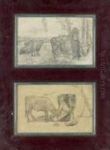 Fermier Avec Ses Vaches Fermiere Nourrissant Ses Vaches
Crayon Noir. by Eugene Boudin