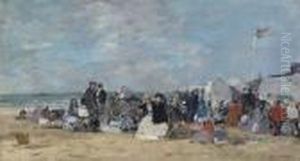 Scene De Plage A Trouville by Eugene Boudin