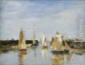 French Oil On Wooden Panel 'la Jetee De Trouville' Signed 8.25 X 10.5in by Eugene Boudin