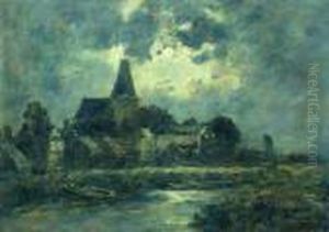 Quillebeuf, L'eglise Vue Du Canal, Clair De Lune Quillebeuf, L'eglise Vue Du Canal, Clair De Lune