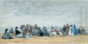 Scene De Plage A Trouville by Eugene Boudin