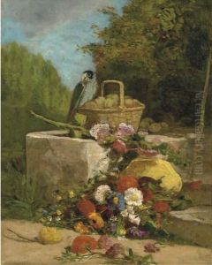 Perroquet, Fruits Et Fleurs Dans Un Jardin