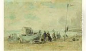 Sur La Plage, Crinolines Et Barque by Eugene Boudin