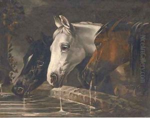 Three horses at a water trough by John Frederick Herring Snr