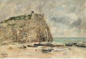 Etretat. Barques Echouees Et Falaise D'aval (esquisse) by Eugene Boudin