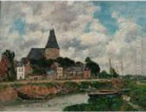 Quillebeuf, L'eglise Vue Du Canal by Eugene Boudin