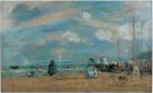 Silhouettes Aux Ombrelles Sur La Plage De Trouville Par Vent Fort by Eugene Boudin