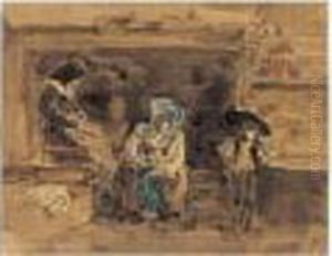 Deux Paysannes Et Leurs Enfants Dans Un Interieur