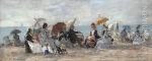 Scene De Plage A Trouville by Eugene Boudin