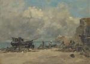 Etretat. Bateaux De Peche Et Pecheurs Sur La Plage by Eugene Boudin