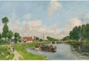 Saint-valery-sur-somme, Peniches Sur Le Canal by Eugene Boudin