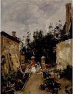 Madame S Avec Ses Enfants Dans Son Jardin A Trouville by Eugene Boudin
