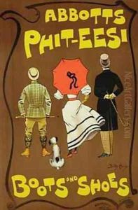 Reproduction of a poster advertising Abbotts Phit Eesi Boots and Shoes by Dudley Hardy
