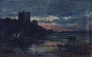 Coastal View With Castle And Figures Gathered By A Fire