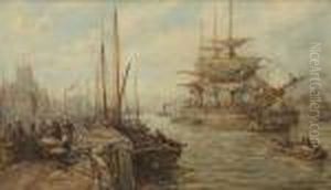 A Busy River Scene by Samuel Bough