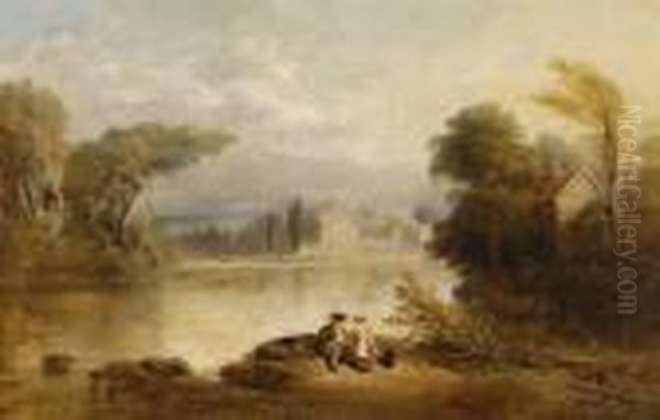 River Landscape With Children Fishing, Bolton Abbey In The Distance - view 1