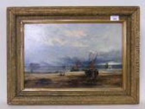 Busy Coastal And Beech Scene With Figures And A Pier In The Distance