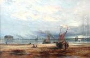 Coastal Scene With Fishing Boats & Figures At Sunset. Coastal Scene With Fishing Boats & Figures At Sunset.