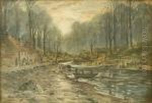 The Ferryboat, An Evening Scene With Autumn Mist Watercolour Heightened Withwhite