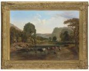 Cattle Watering In An Extensive Highland Valley, With Meadows And Cottages Beyond