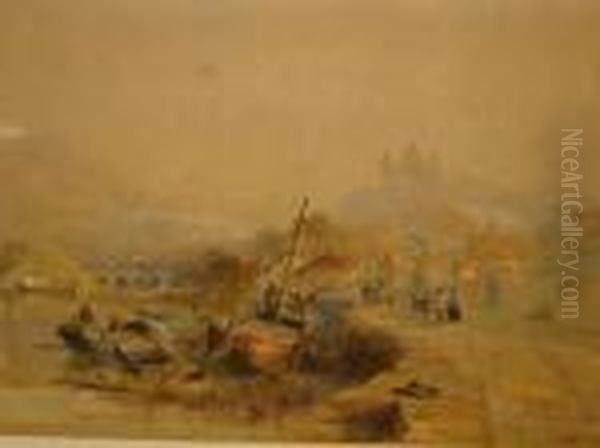 River Scene With Boats And Figures, Castle In The Distance - view 1