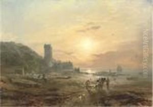 View Of Culross On The Forth, With Figures In The Foreground And Avillage Beyond by Samuel Bough