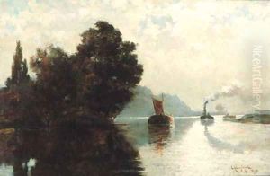 Barges on a river by Edward Aubrey Hunt