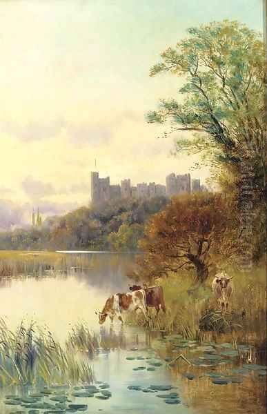 Cattle watering before a castle - view 1